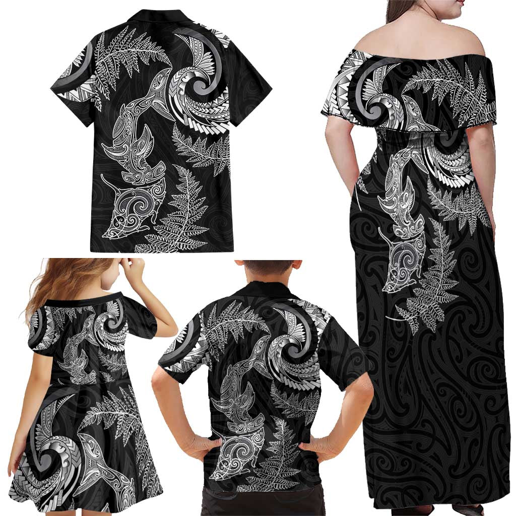 New Zealand Sea Animals with Maori Tribal Tattoo Family Matching Off Shoulder Maxi Dress and Hawaiian Shirt Shark Manta Ray with Silver Fern Black