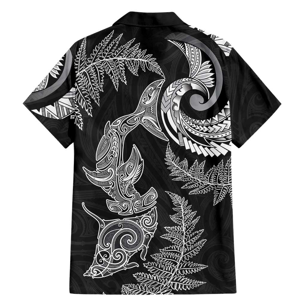 New Zealand Sea Animals with Maori Tribal Tattoo Family Matching Off Shoulder Maxi Dress and Hawaiian Shirt Shark Manta Ray with Silver Fern Black
