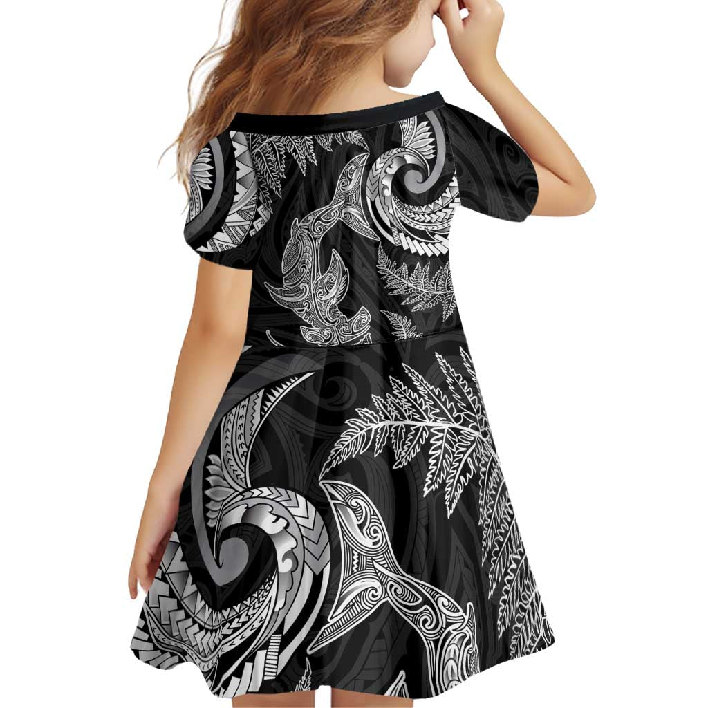 New Zealand Sea Animals with Maori Tribal Tattoo Family Matching Off Shoulder Short Dress and Hawaiian Shirt Shark Manta Ray with Silver Fern Black