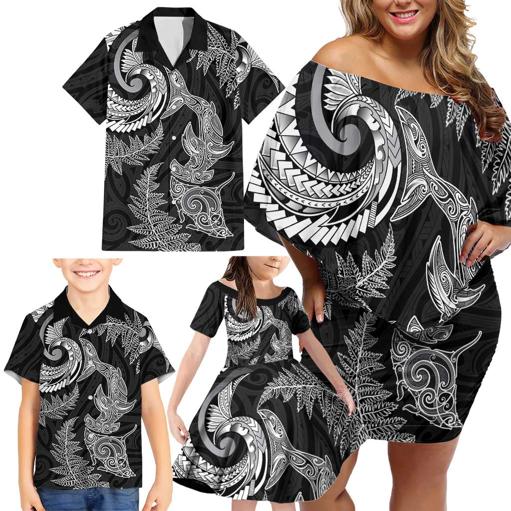 New Zealand Sea Animals with Maori Tribal Tattoo Family Matching Off Shoulder Short Dress and Hawaiian Shirt Shark Manta Ray with Silver Fern Black