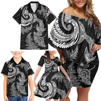 New Zealand Sea Animals with Maori Tribal Tattoo Family Matching Off Shoulder Short Dress and Hawaiian Shirt Shark Manta Ray with Silver Fern Black