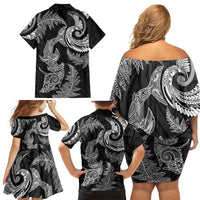 New Zealand Sea Animals with Maori Tribal Tattoo Family Matching Off Shoulder Short Dress and Hawaiian Shirt Shark Manta Ray with Silver Fern Black