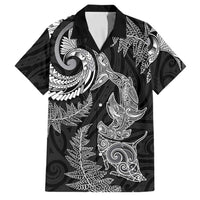 New Zealand Sea Animals with Maori Tribal Tattoo Family Matching Off Shoulder Short Dress and Hawaiian Shirt Shark Manta Ray with Silver Fern Black