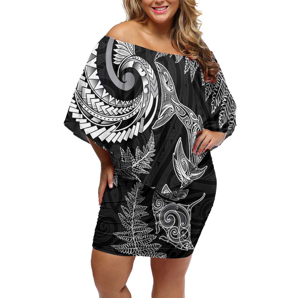 New Zealand Sea Animals with Maori Tribal Tattoo Family Matching Off Shoulder Short Dress and Hawaiian Shirt Shark Manta Ray with Silver Fern Black