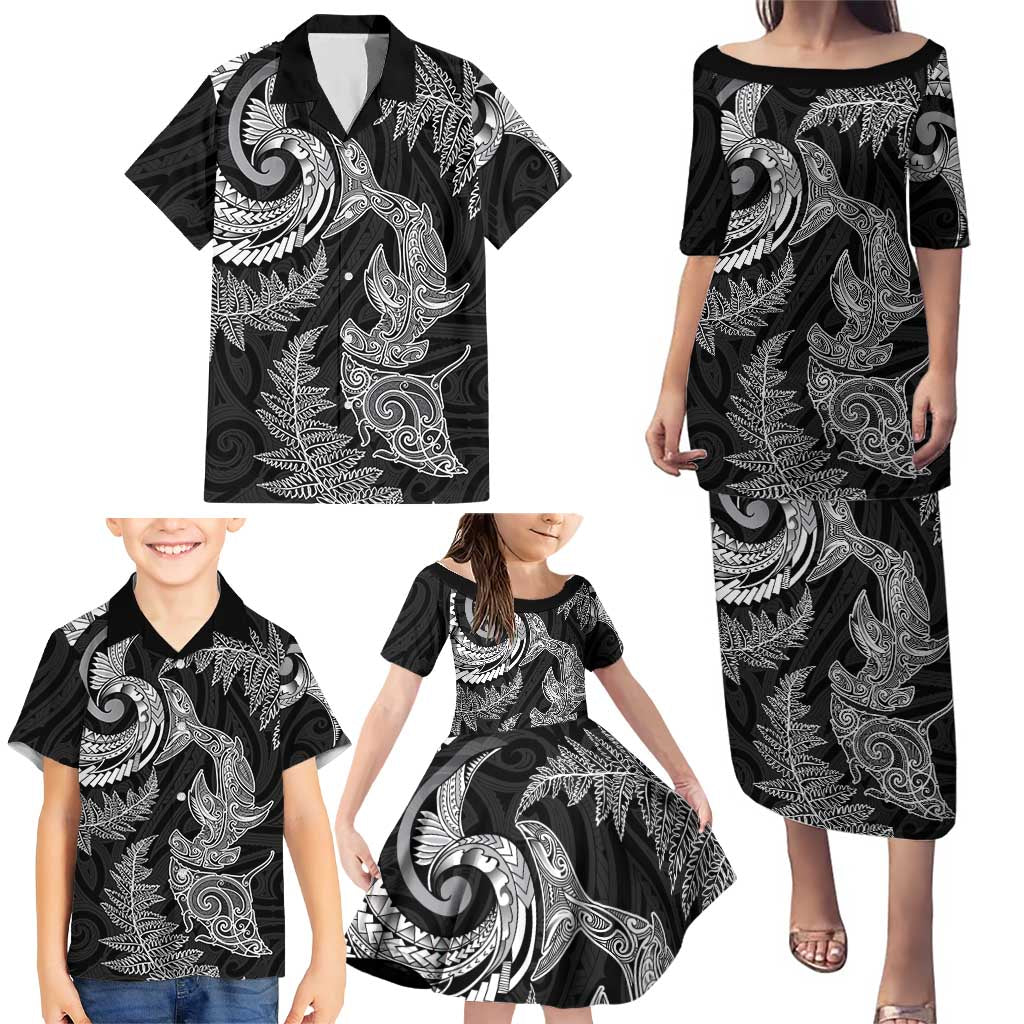 New Zealand Sea Animals with Maori Tribal Tattoo Family Matching Puletasi and Hawaiian Shirt Shark Manta Ray with Silver Fern Black