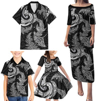 New Zealand Sea Animals with Maori Tribal Tattoo Family Matching Puletasi and Hawaiian Shirt Shark Manta Ray with Silver Fern Black