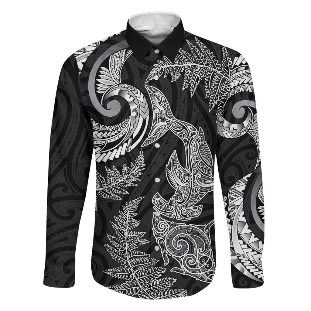 New Zealand Sea Animals with Maori Tribal Tattoo Family Matching Puletasi and Hawaiian Shirt Shark Manta Ray with Silver Fern Black