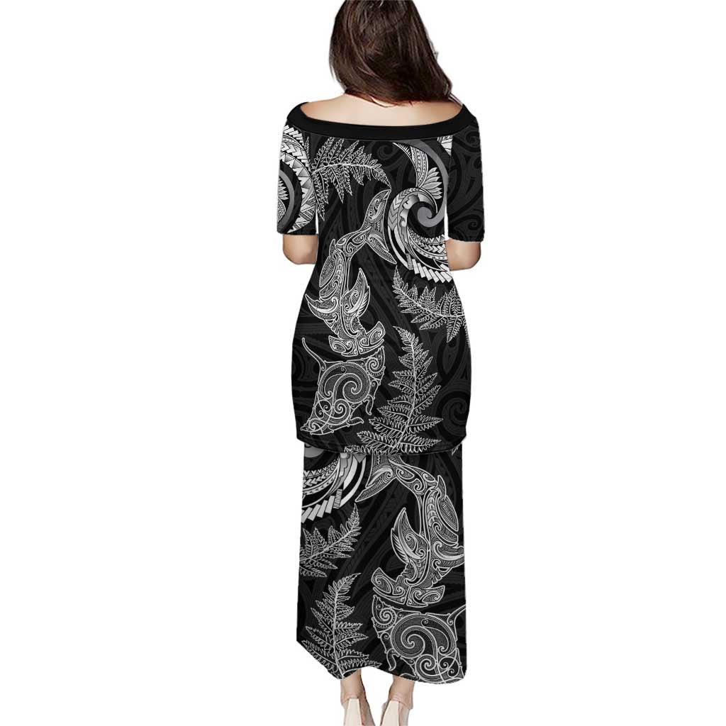New Zealand Sea Animals with Maori Tribal Tattoo Family Matching Puletasi and Hawaiian Shirt Shark Manta Ray with Silver Fern Black