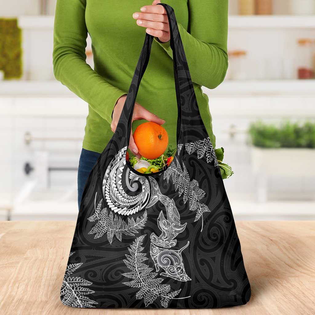 New Zealand Sea Animals with Maori Tribal Tattoo Grocery Bag Shark Manta Ray with Silver Fern Black