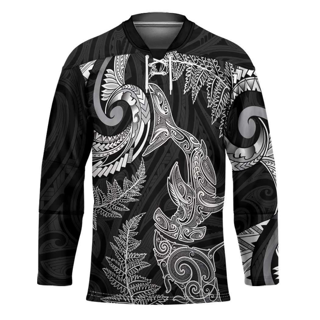 New Zealand Sea Animals with Maori Tribal Tattoo Hockey Jersey Shark Manta Ray with Silver Fern Black