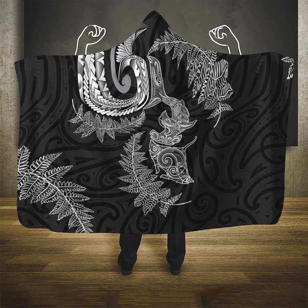 New Zealand Sea Animals with Maori Tribal Tattoo Hooded Blanket Shark Manta Ray with Silver Fern Black