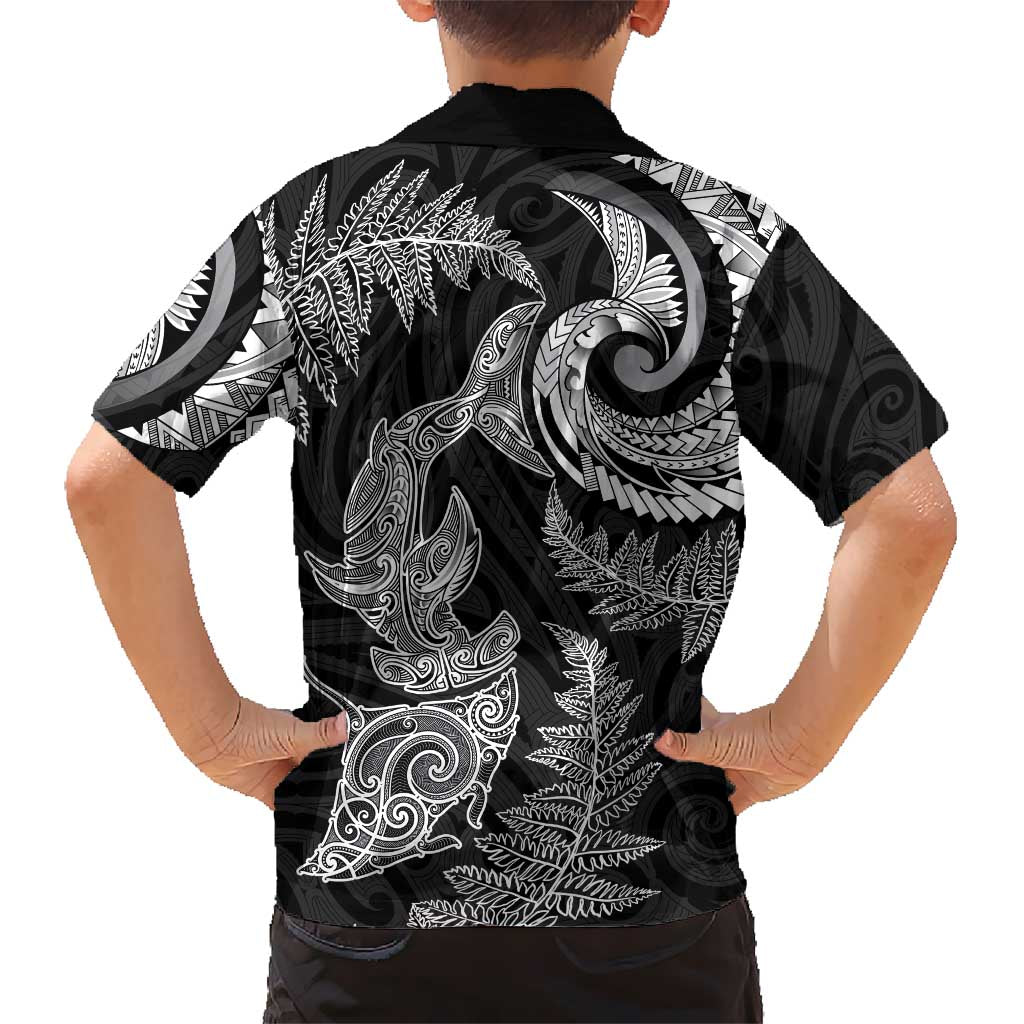 New Zealand Sea Animals with Maori Tribal Tattoo Kid Hawaiian Shirt Shark Manta Ray with Silver Fern Black