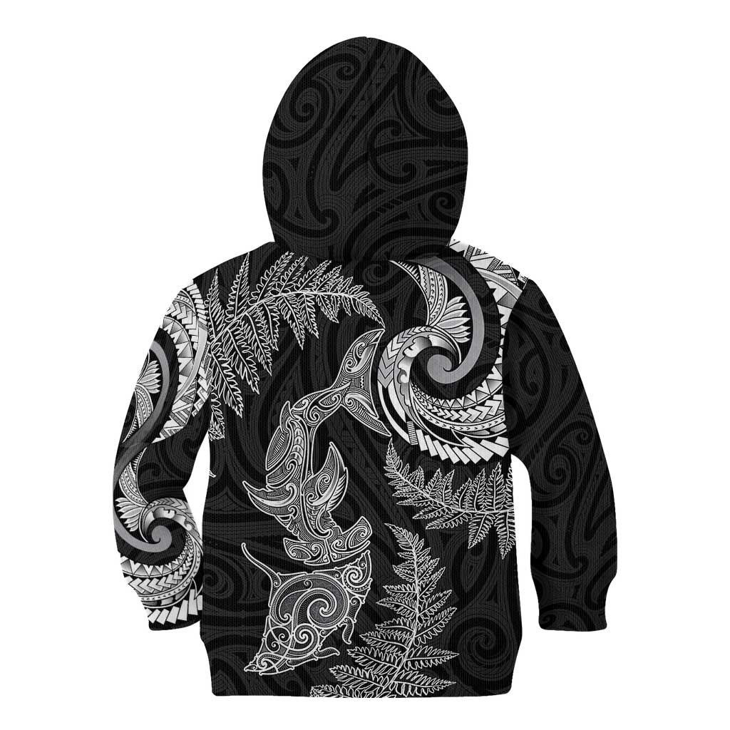 New Zealand Sea Animals with Maori Tribal Tattoo Kid Hoodie Shark Manta Ray with Silver Fern Black
