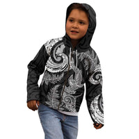 New Zealand Sea Animals with Maori Tribal Tattoo Kid Hoodie Shark Manta Ray with Silver Fern Black