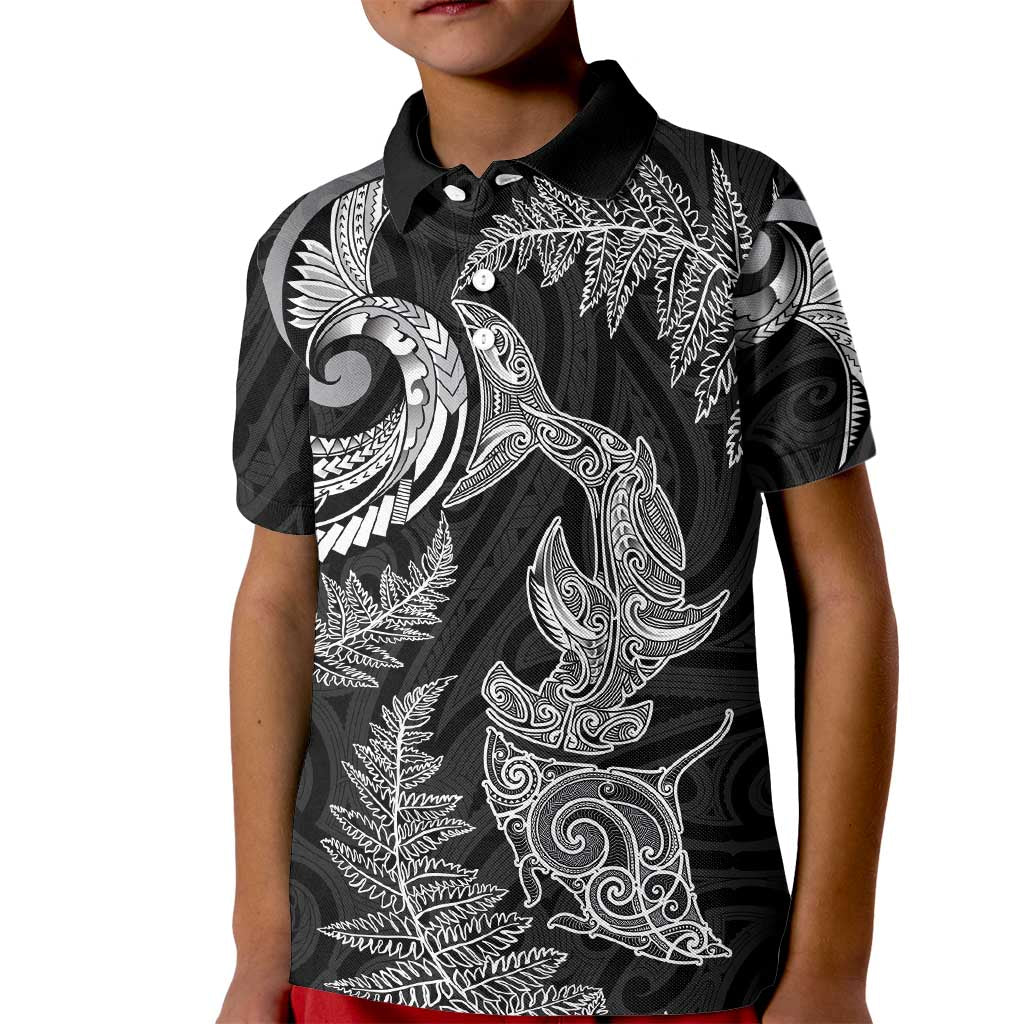 New Zealand Sea Animals with Maori Tribal Tattoo Kid Polo Shirt Shark Manta Ray with Silver Fern Black