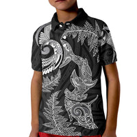 New Zealand Sea Animals with Maori Tribal Tattoo Kid Polo Shirt Shark Manta Ray with Silver Fern Black
