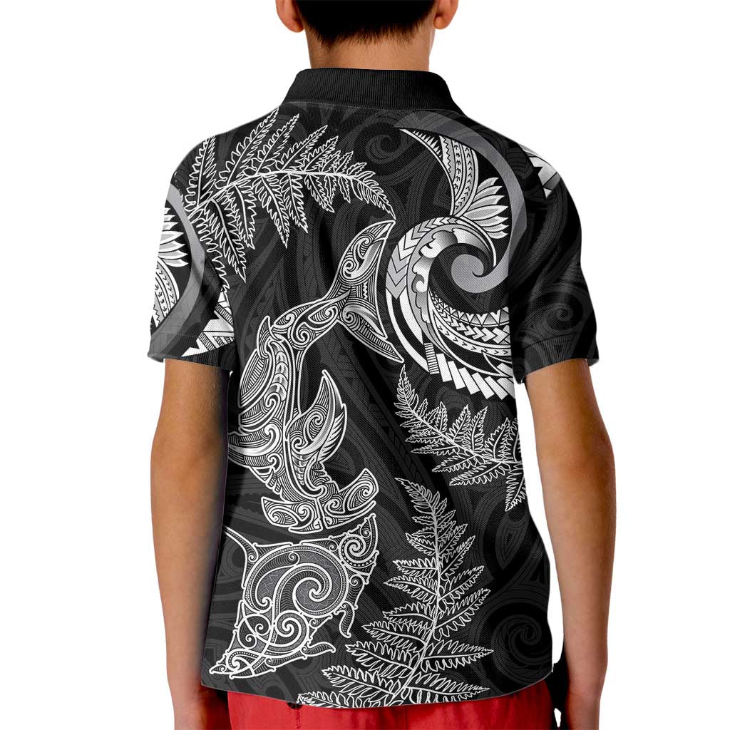 New Zealand Sea Animals with Maori Tribal Tattoo Kid Polo Shirt Shark Manta Ray with Silver Fern Black