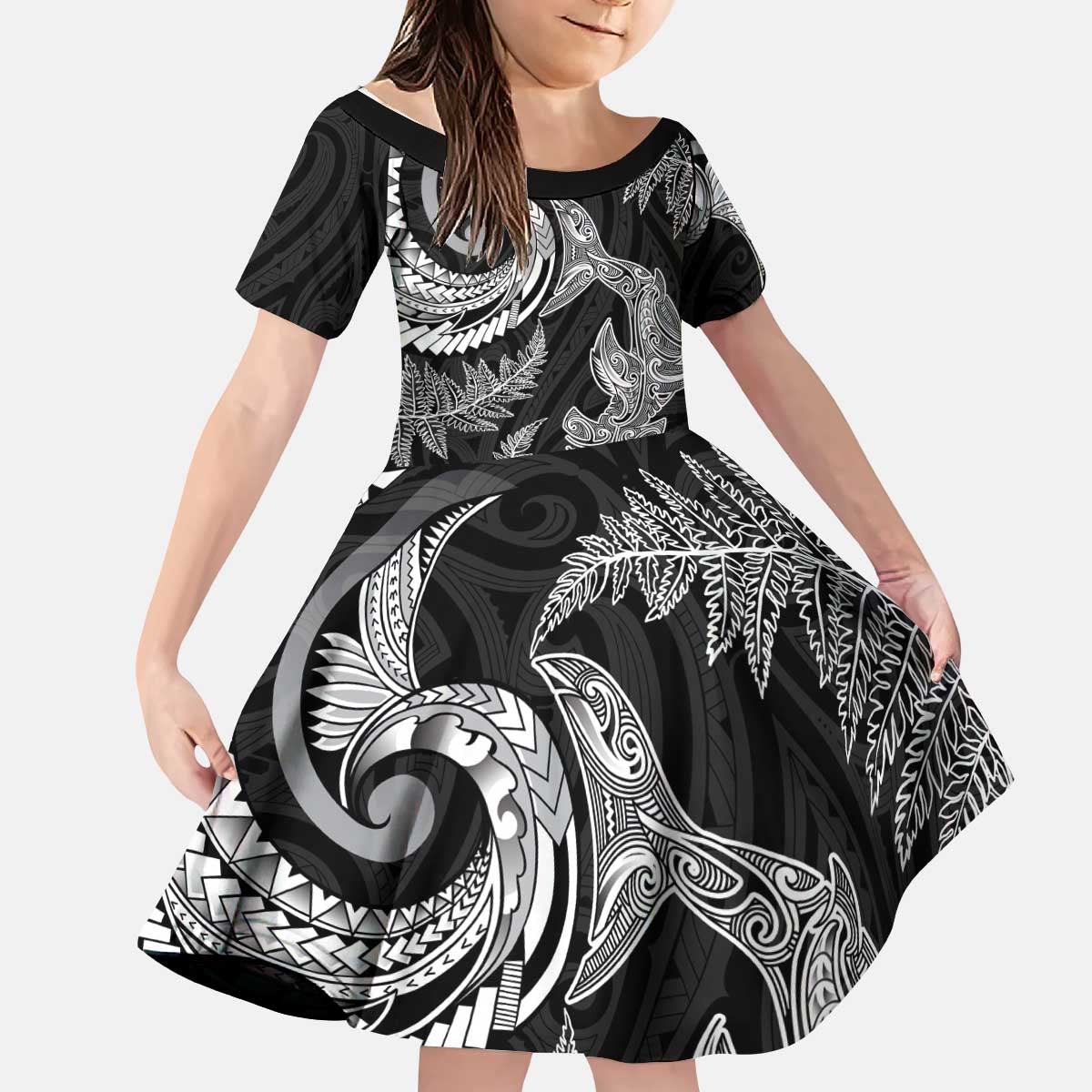 New Zealand Sea Animals with Maori Tribal Tattoo Kid Short Sleeve Dress Shark Manta Ray with Silver Fern Black