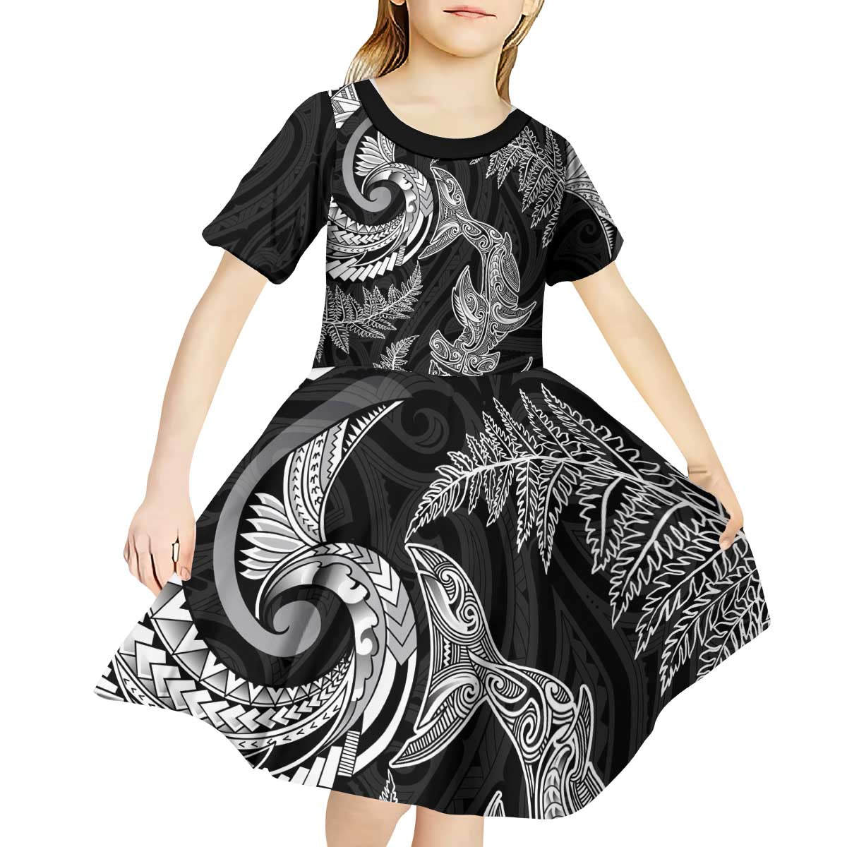 New Zealand Sea Animals with Maori Tribal Tattoo Kid Short Sleeve Dress Shark Manta Ray with Silver Fern Black