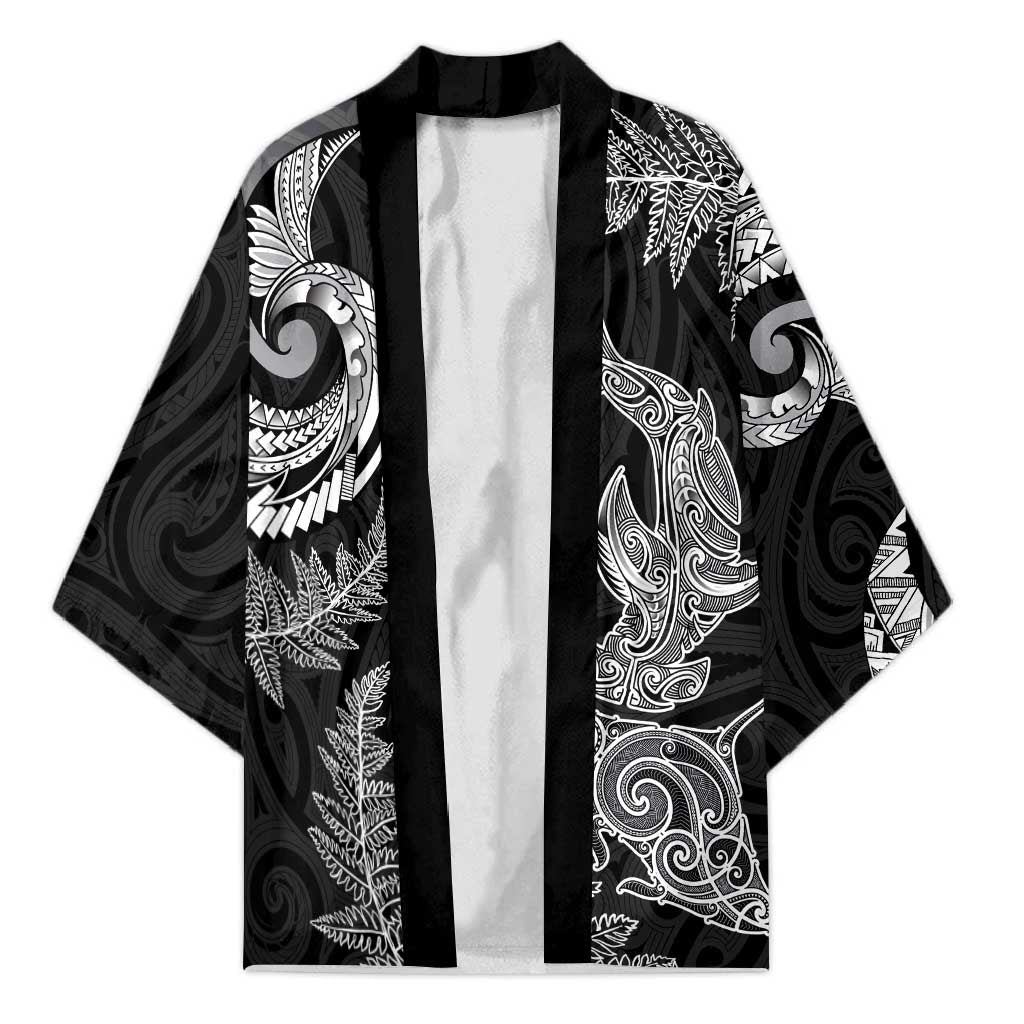 New Zealand Sea Animals with Maori Tribal Tattoo Kimono Shark Manta Ray with Silver Fern Black
