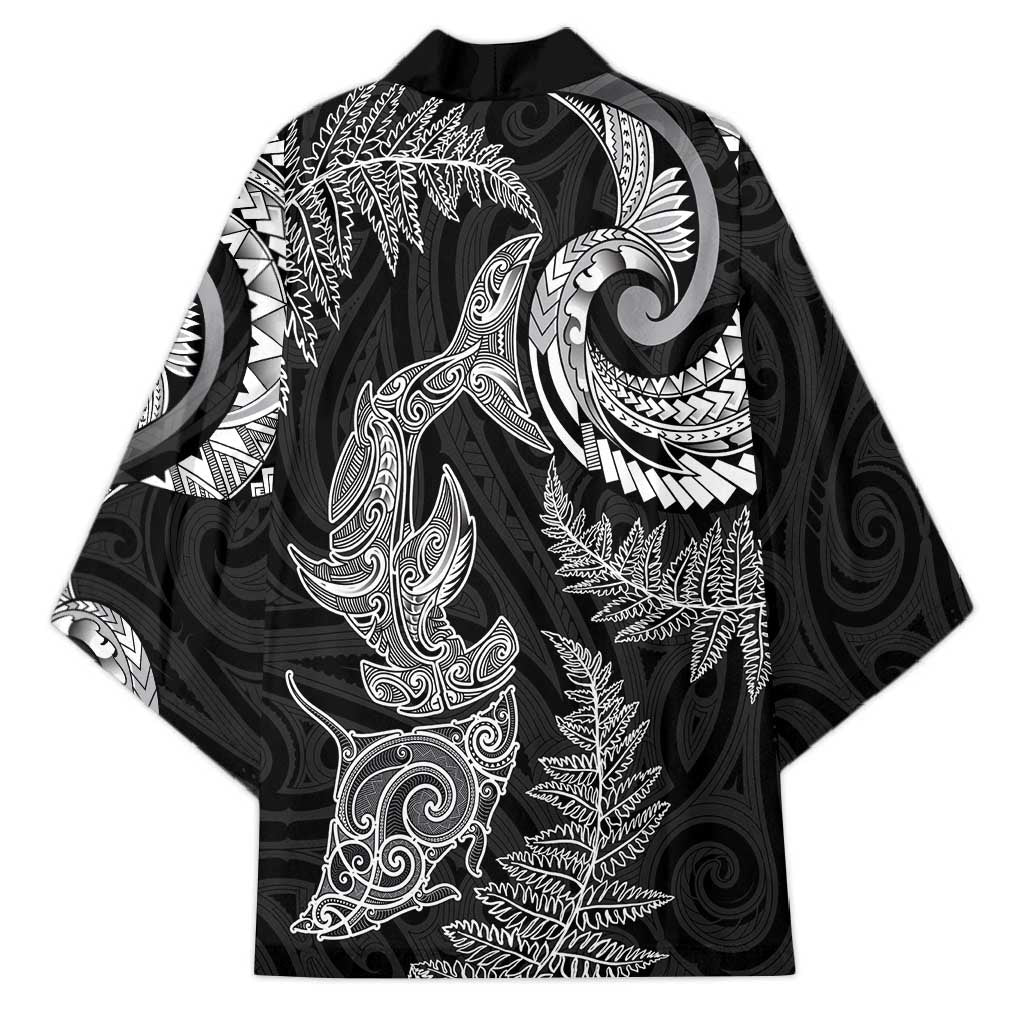 New Zealand Sea Animals with Maori Tribal Tattoo Kimono Shark Manta Ray with Silver Fern Black