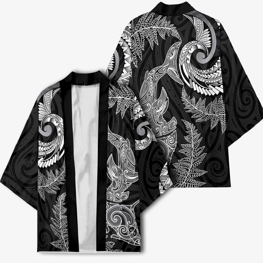 New Zealand Sea Animals with Maori Tribal Tattoo Kimono Shark Manta Ray with Silver Fern Black