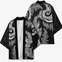 New Zealand Sea Animals with Maori Tribal Tattoo Kimono Shark Manta Ray with Silver Fern Black