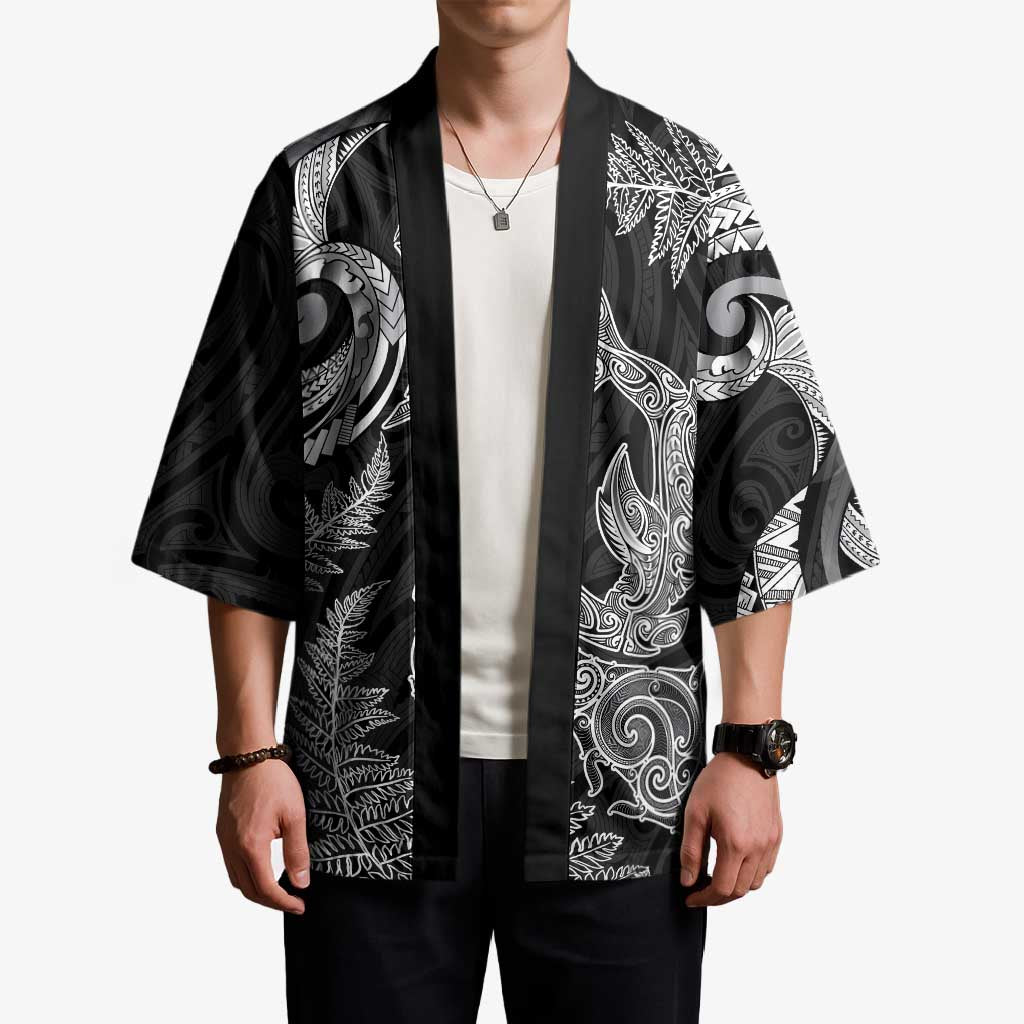 New Zealand Sea Animals with Maori Tribal Tattoo Kimono Shark Manta Ray with Silver Fern Black