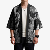 New Zealand Sea Animals with Maori Tribal Tattoo Kimono Shark Manta Ray with Silver Fern Black