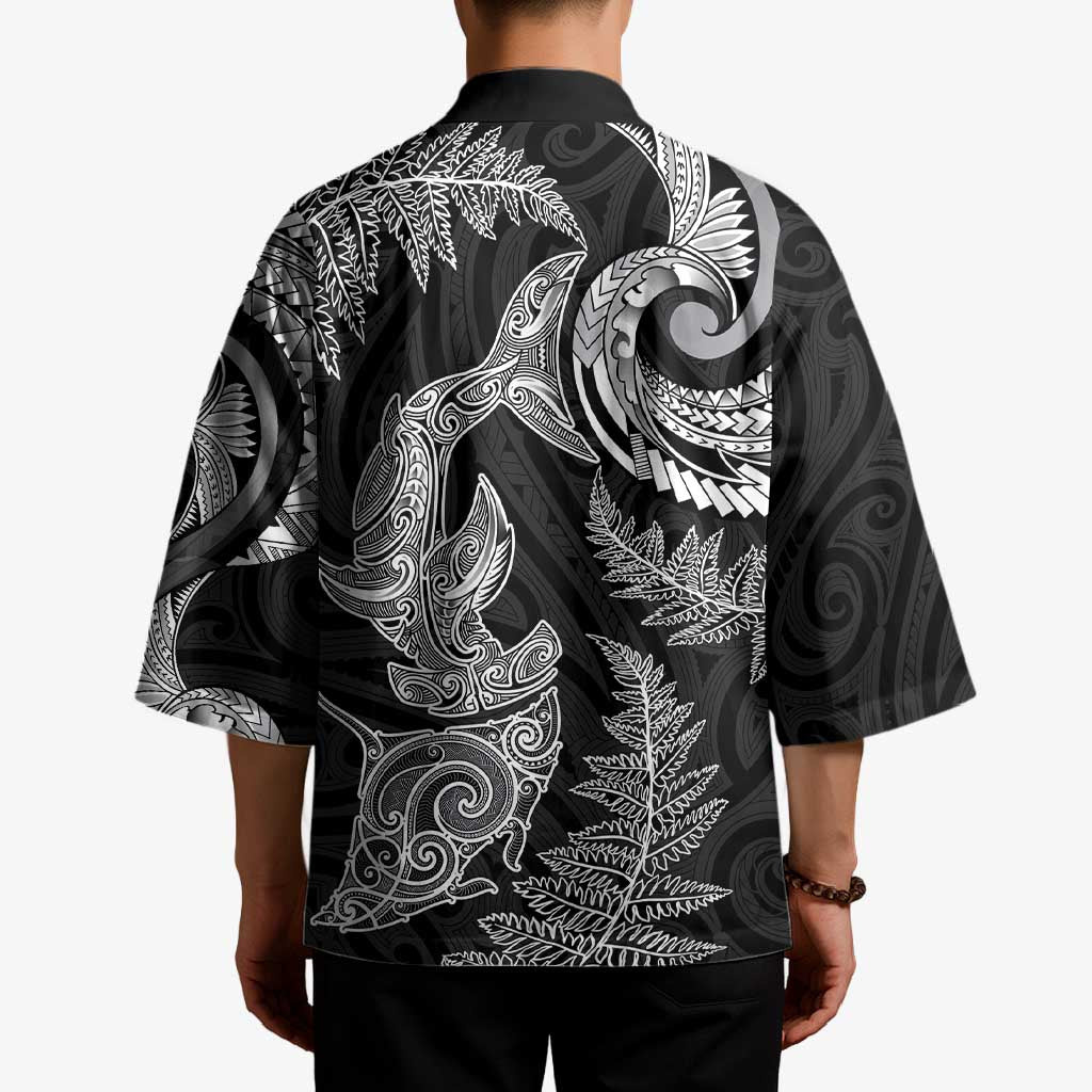 New Zealand Sea Animals with Maori Tribal Tattoo Kimono Shark Manta Ray with Silver Fern Black