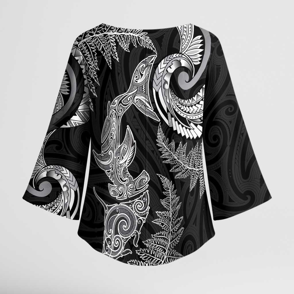 New Zealand Sea Animals with Maori Tribal Tattoo Kimono Sleeve Blouse Shark Manta Ray with Silver Fern Black