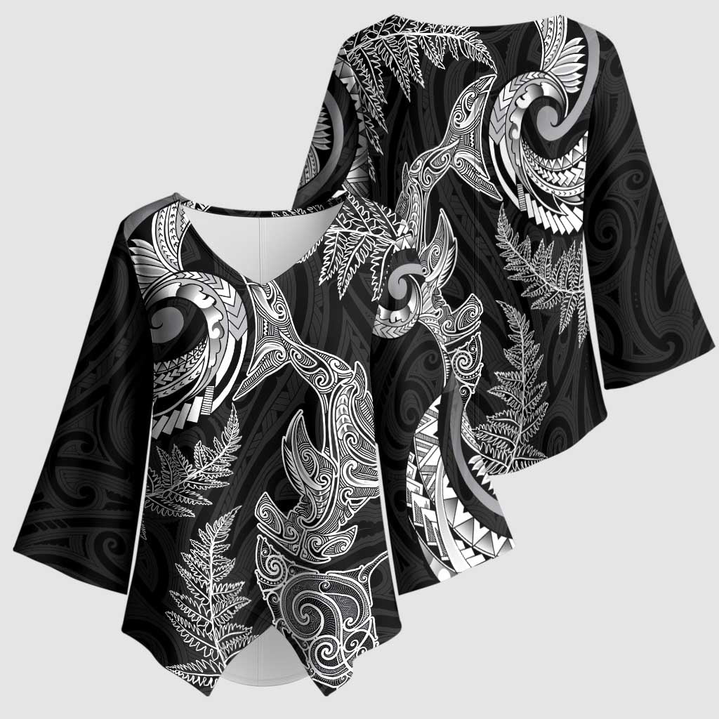 New Zealand Sea Animals with Maori Tribal Tattoo Kimono Sleeve Blouse Shark Manta Ray with Silver Fern Black