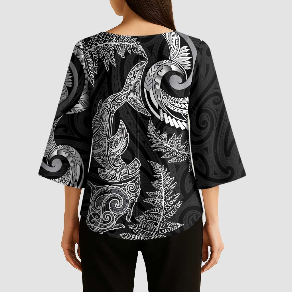 New Zealand Sea Animals with Maori Tribal Tattoo Kimono Sleeve Blouse Shark Manta Ray with Silver Fern Black