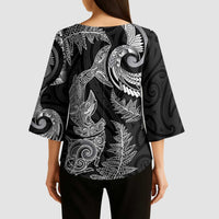 New Zealand Sea Animals with Maori Tribal Tattoo Kimono Sleeve Blouse Shark Manta Ray with Silver Fern Black