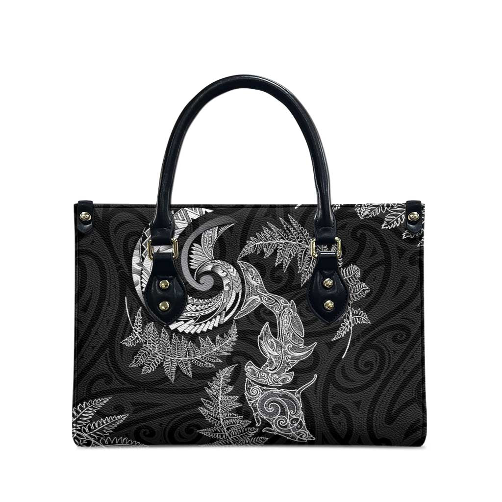 New Zealand Sea Animals with Maori Tribal Tattoo Leather Bag Shark Manta Ray with Silver Fern Black