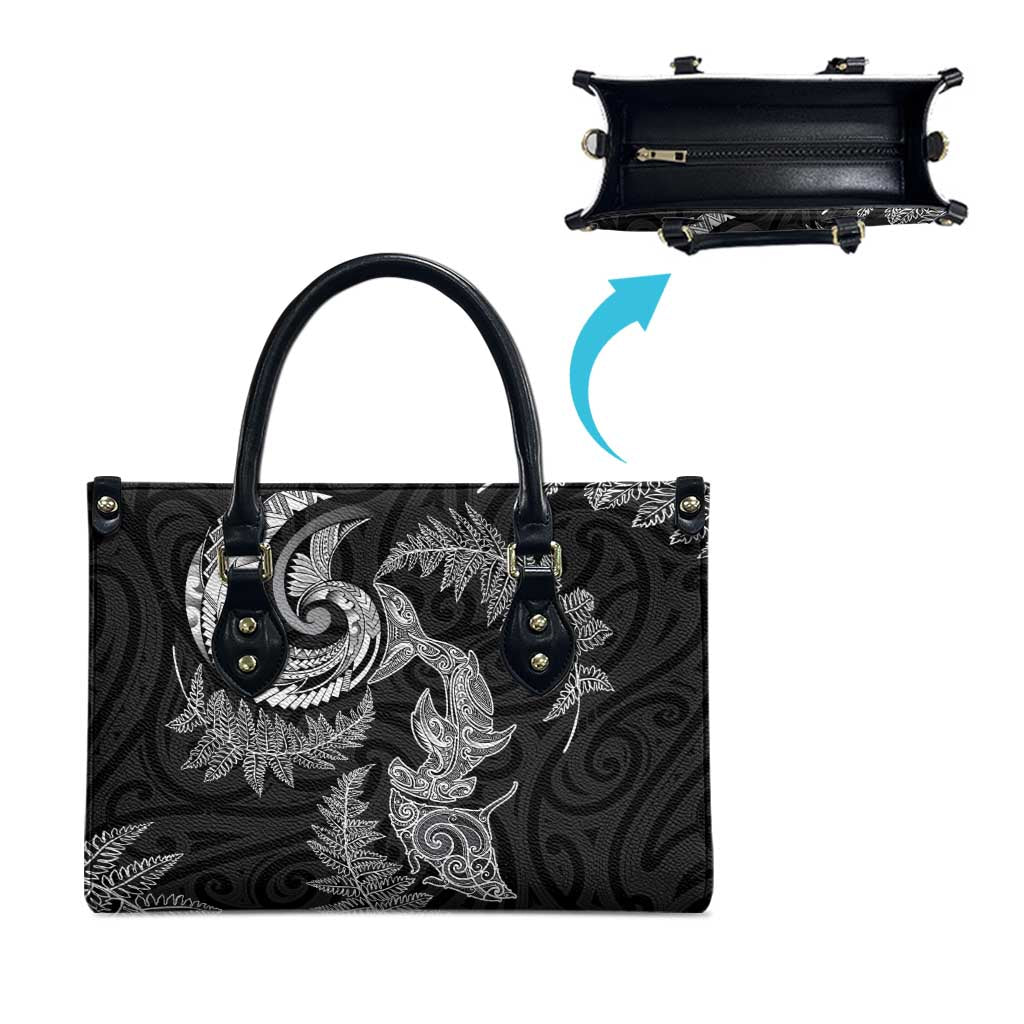 New Zealand Sea Animals with Maori Tribal Tattoo Leather Bag Shark Manta Ray with Silver Fern Black
