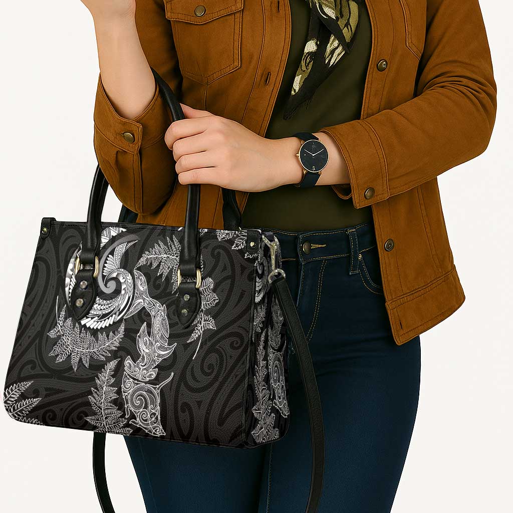 New Zealand Sea Animals with Maori Tribal Tattoo Leather Bag Shark Manta Ray with Silver Fern Black