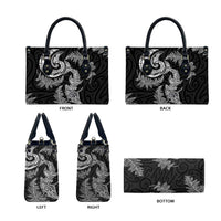New Zealand Sea Animals with Maori Tribal Tattoo Leather Bag Shark Manta Ray with Silver Fern Black
