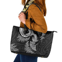 New Zealand Sea Animals with Maori Tribal Tattoo Leather Tote Bag Shark Manta Ray with Silver Fern Black