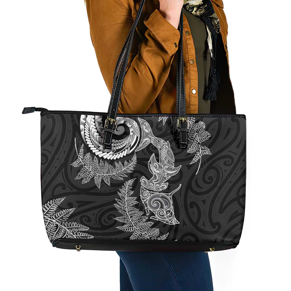 New Zealand Sea Animals with Maori Tribal Tattoo Leather Tote Bag Shark Manta Ray with Silver Fern Black