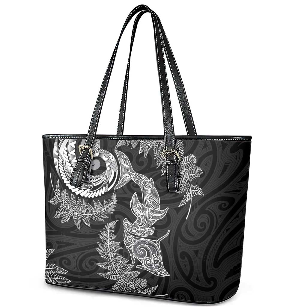 New Zealand Sea Animals with Maori Tribal Tattoo Leather Tote Bag Shark Manta Ray with Silver Fern Black