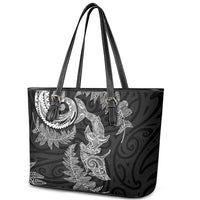 New Zealand Sea Animals with Maori Tribal Tattoo Leather Tote Bag Shark Manta Ray with Silver Fern Black