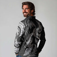 New Zealand Sea Animals with Maori Tribal Tattoo Long Sleeve Polo Shirt Shark Manta Ray with Silver Fern Black