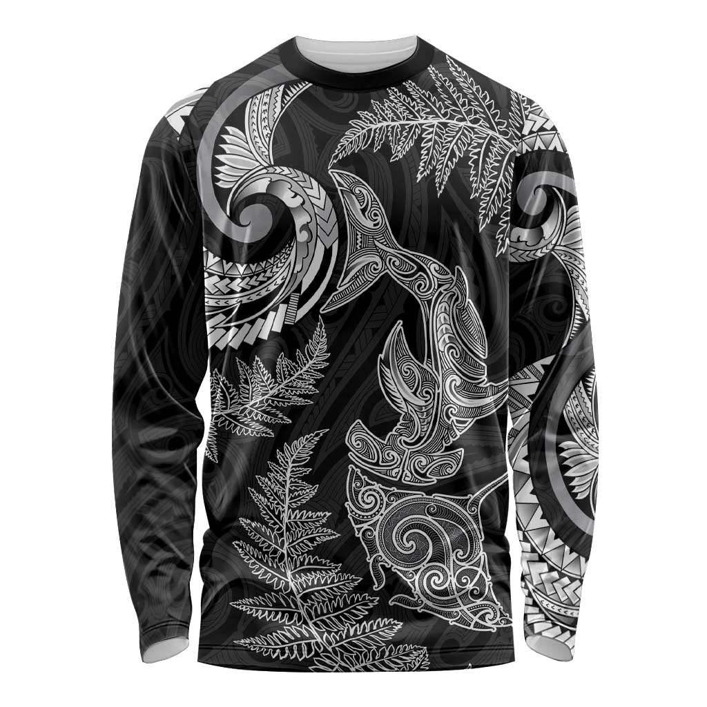New Zealand Sea Animals with Maori Tribal Tattoo Long Sleeve Shirt Shark Manta Ray with Silver Fern Black