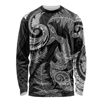 New Zealand Sea Animals with Maori Tribal Tattoo Long Sleeve Shirt Shark Manta Ray with Silver Fern Black