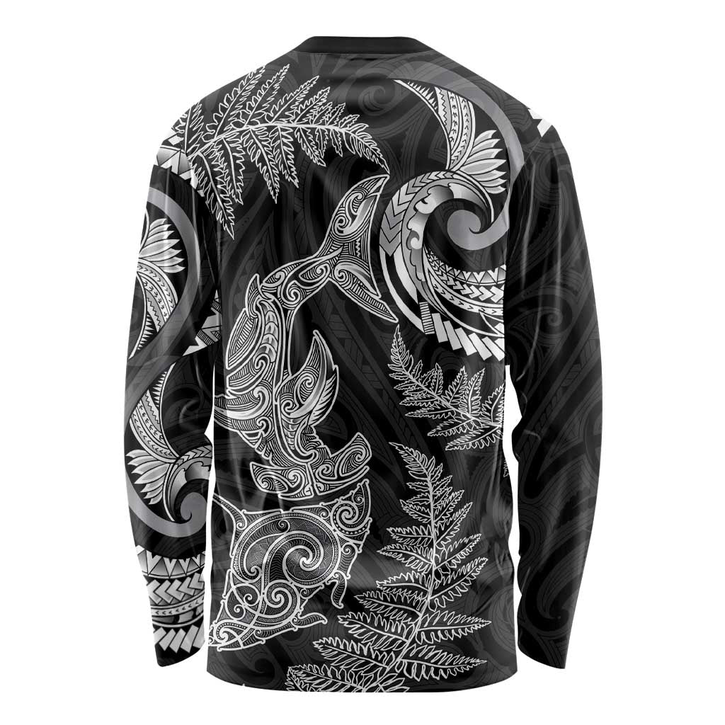 New Zealand Sea Animals with Maori Tribal Tattoo Long Sleeve Shirt Shark Manta Ray with Silver Fern Black