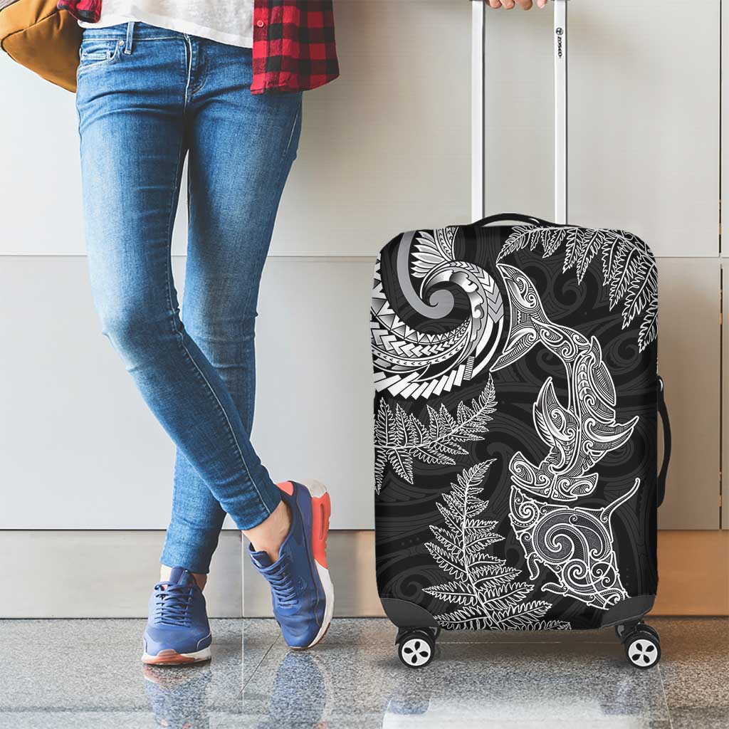 New Zealand Sea Animals with Maori Tribal Tattoo Luggage Cover Shark Manta Ray with Silver Fern Black