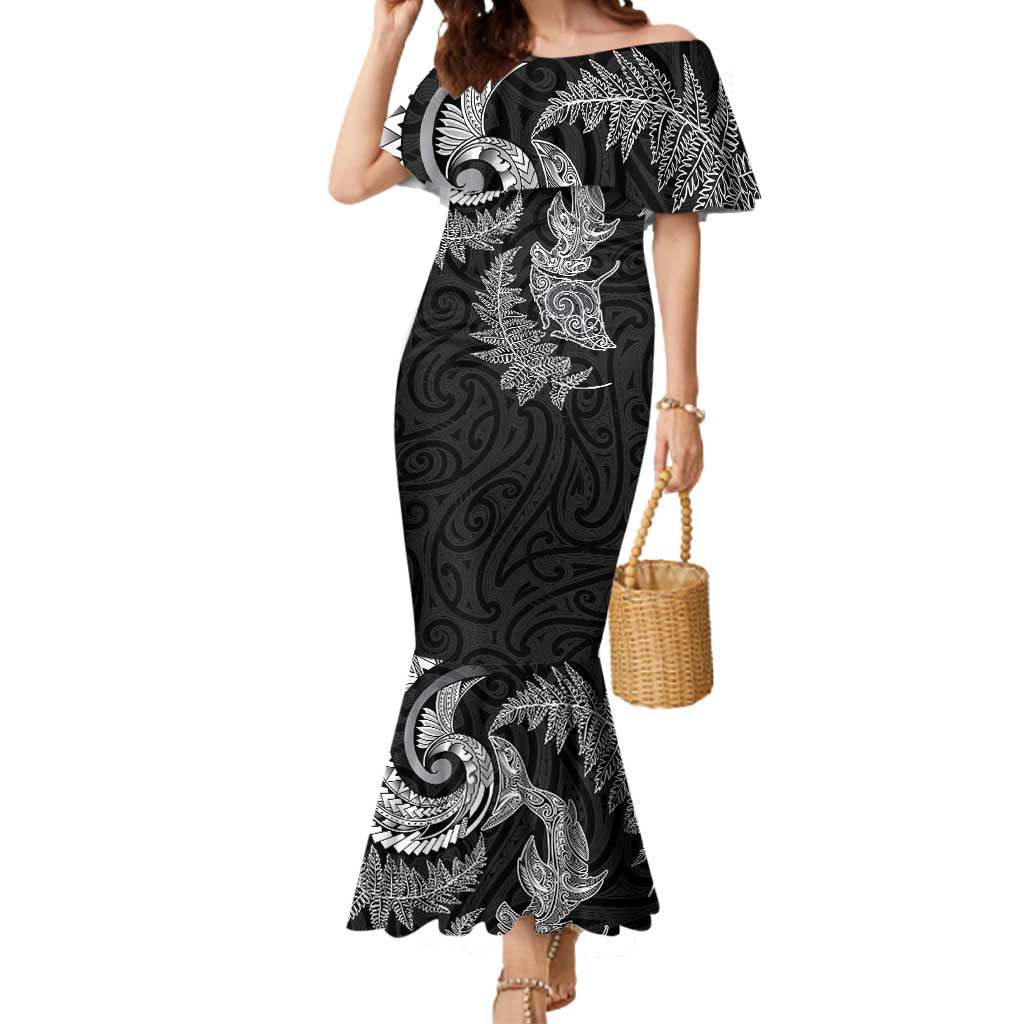 New Zealand Sea Animals with Maori Tribal Tattoo Mermaid Dress Shark Manta Ray with Silver Fern Black