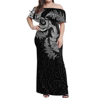 New Zealand Sea Animals with Maori Tribal Tattoo Off Shoulder Maxi Dress Shark Manta Ray with Silver Fern Black