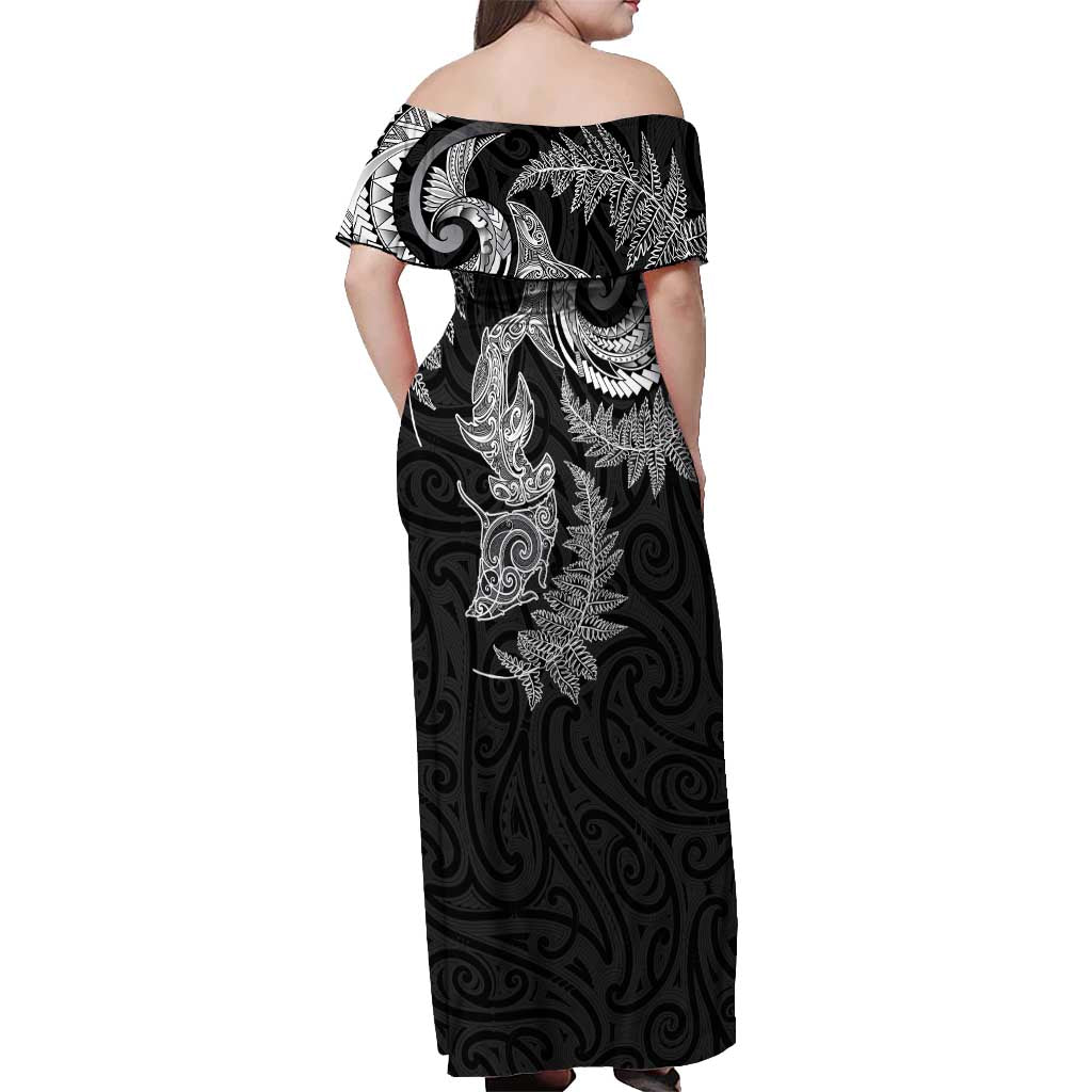 New Zealand Sea Animals with Maori Tribal Tattoo Off Shoulder Maxi Dress Shark Manta Ray with Silver Fern Black